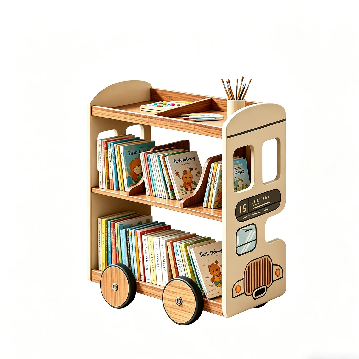 Custom Children's Furniture Wooden Bookcase with Wheels Movable Car Shape Children's Bookshelf
