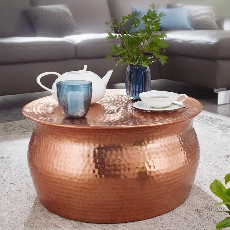 Rustic hand-forged hammer texture copper coffee table creative drum-shaped side corner table