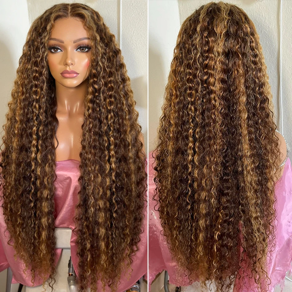 

36 inch Highlight Ombre Lace Front Wig Human Hair Deep Wave 13x6 HD Honey Blonde Lace Frontal Wigs P4/27 Curly Human Hair Wig