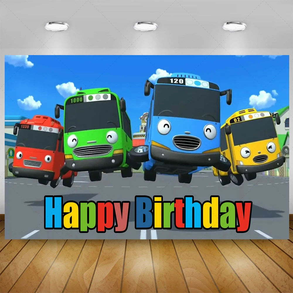 Disney Tayo the Little Bus Background  Kid Birthday Party Boys Newborn Kid 1st Toy Bus StationBackdrop Photo Studio Custom Props