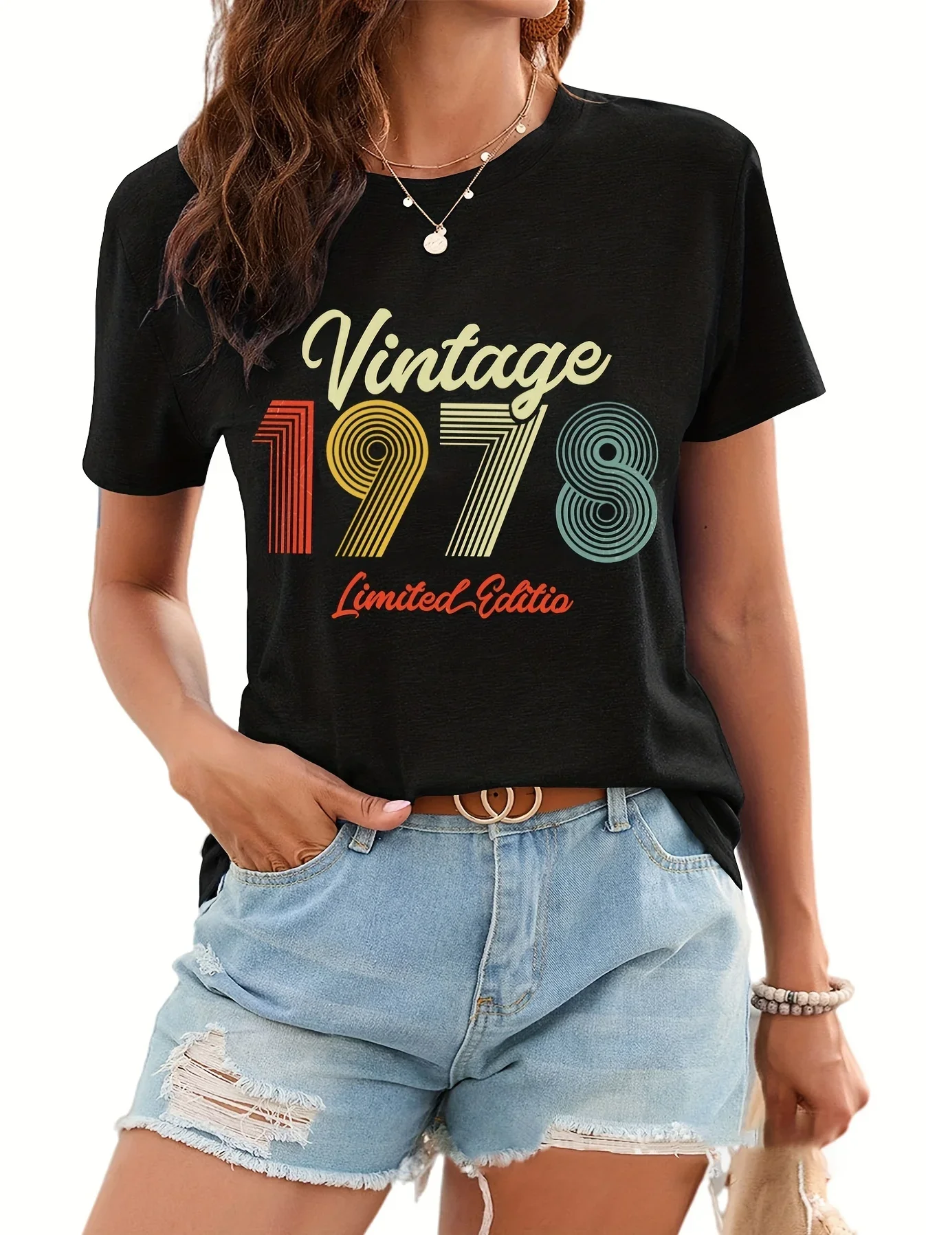 Vintage 1978 Print T-Shirt for Women - Short Sleeve Crew Neck Casual Top for Summer and Spring Women Clothing