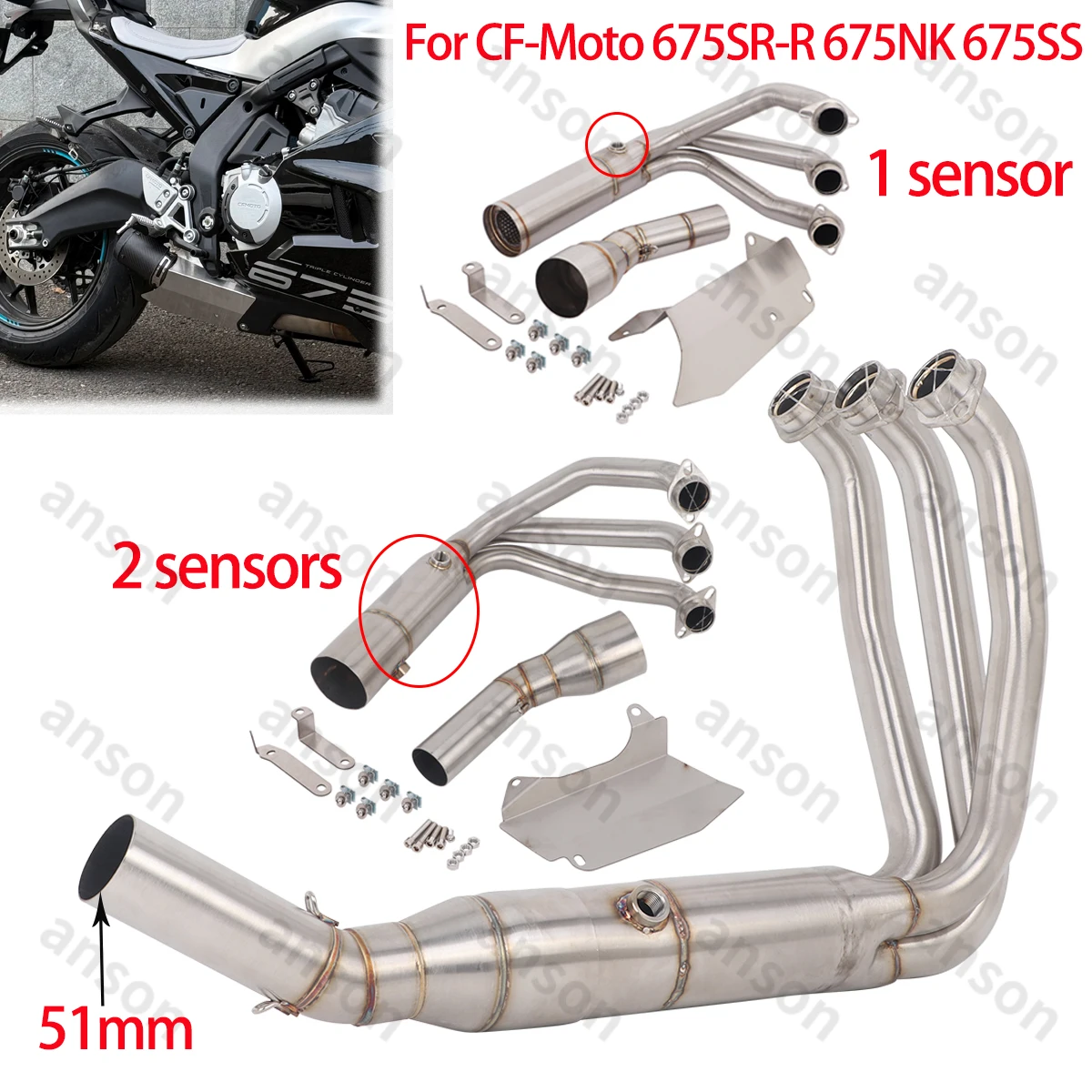 

Escape Exhaust Header Link Pipe Slip On For CF-Moto 675SR-R 675NK 675SS 2024 2025 Exhaust Front Pipe fit 51mm Muffler 2 sensors