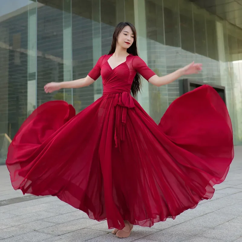 Falda de danza Oriental para mujer, traje de actuación, 720 grados, círculo completo, rojo, 1000