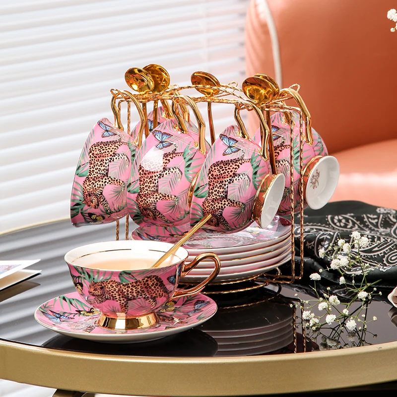 High-End Exquisite Bone China Coffee Set, Leopard Forest Cheetah Tea Cup, Drinking Teacup Organizer, Home Kitchen Accessories