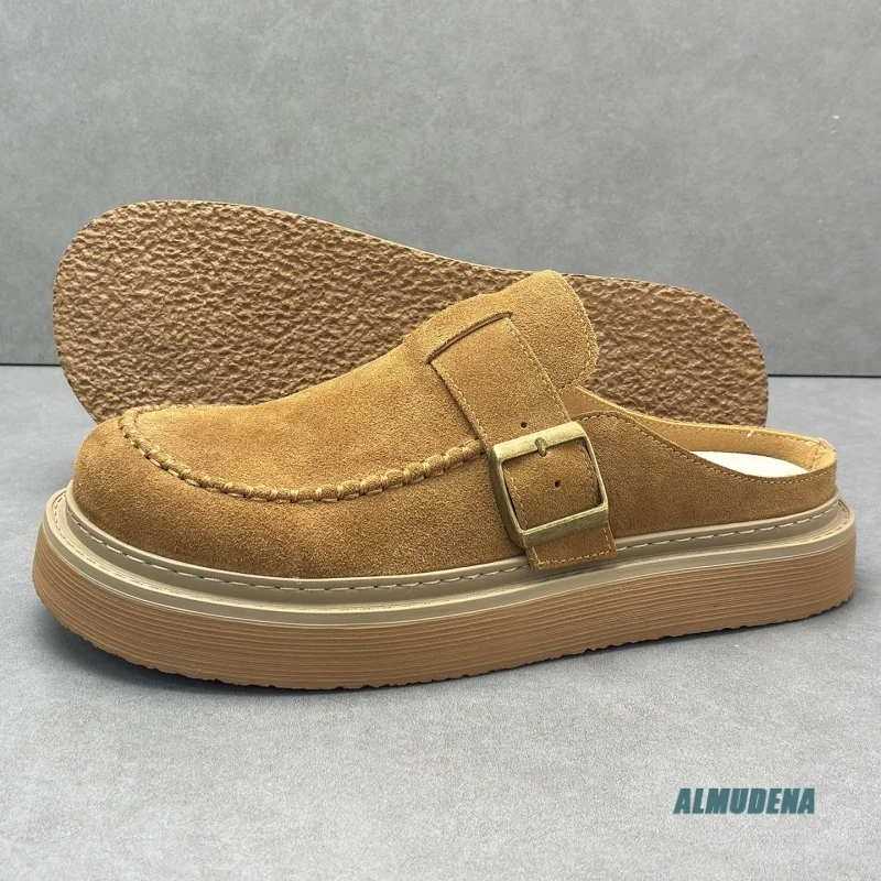 Men's Faux Suede Buckle Platform Slip-On Mules Casual Round Toe Loafers Breathable Non-Slip Outdoor Daily Walking Fashion Shoes