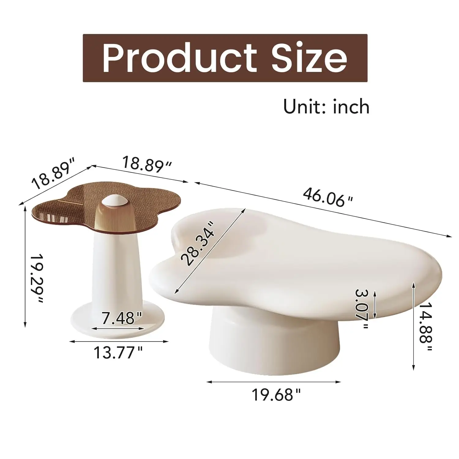 Nesting Coffee Table Set Of 2, Cloud Shape Center & Small Tempered Glass Top Accent Side Table, Modern Home Decor Table Set For