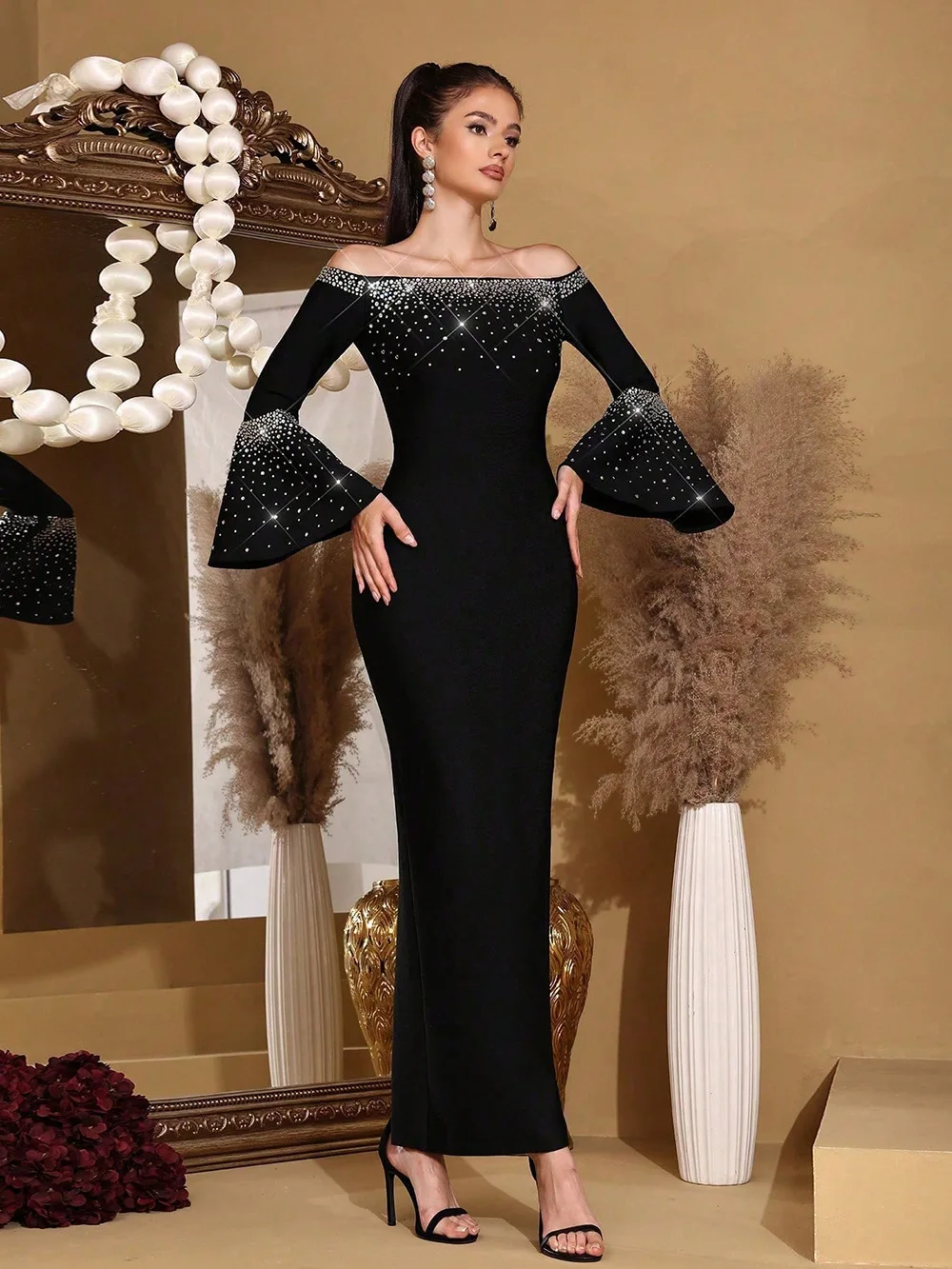 

Новинка 2025 года, элегантное платье с открытыми плечами и длинными рукавами, европейские и американские модные длинные платья с ромбовидными повязками