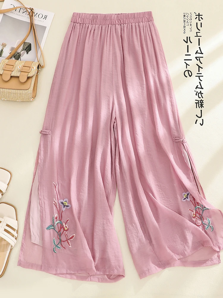 Pantaloni a gamba larga ricamati Ele Pantaloni casual a taglio dritto a vita alta per donna taglie forti Stagione estiva Fibra di poliestere