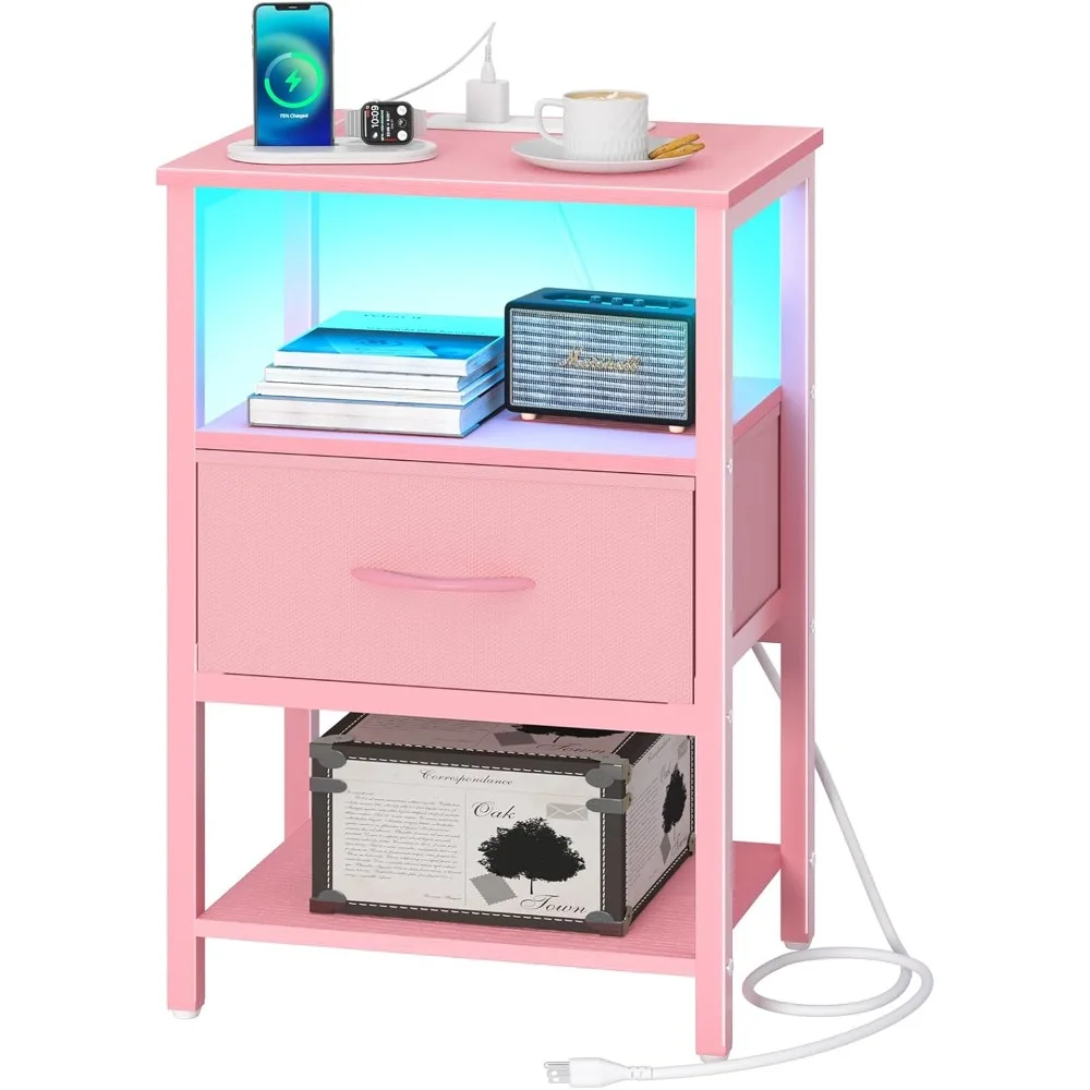 

Pink Night Stand with Charging Station, LED Nightstand for Bedroom, Bedside Tables with Adjustable Fabric Drawer, 3-Tier End Ta