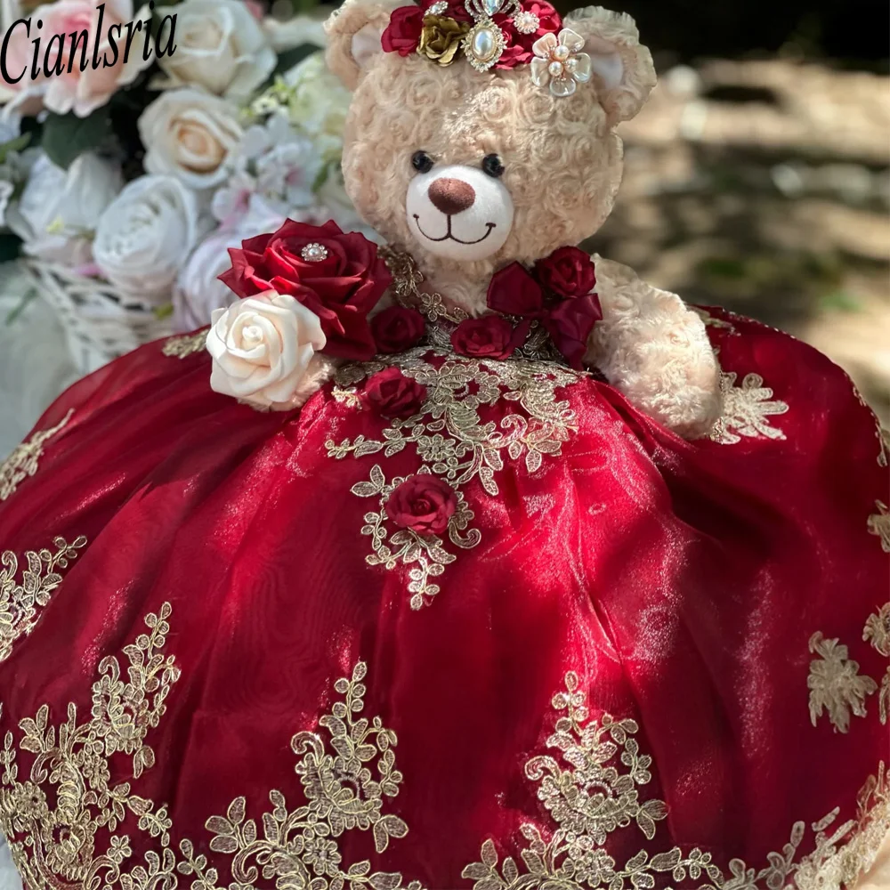 Red Teddy Bear Dress Lace Applique Personalized Sweetheart Flowers Appliques Crystals Bead Off The Shoulder
