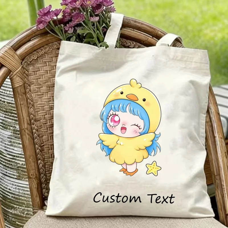 1PC Custom Text Kawaii Girl In Yellow Duck Outfit Canvas Tote Bag Personalized Print Eco‑Friendly Reusable Shoulder Handbag