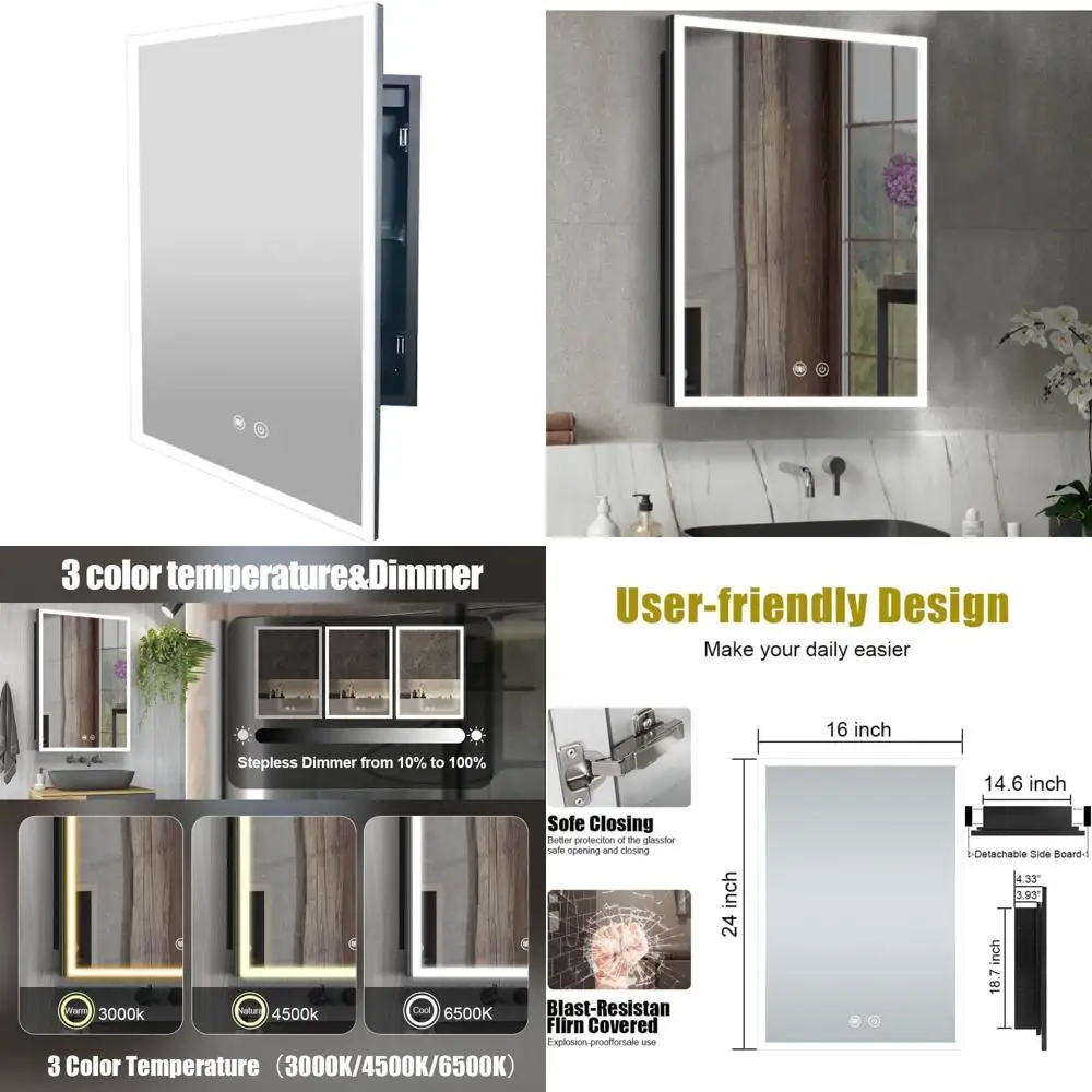 

Dimmable LED Medicine Cabinet with 3 Colors, 16x24 Inch Recessed Mirror Cabinet for Bathroom, Demister and Detachable Side Plate