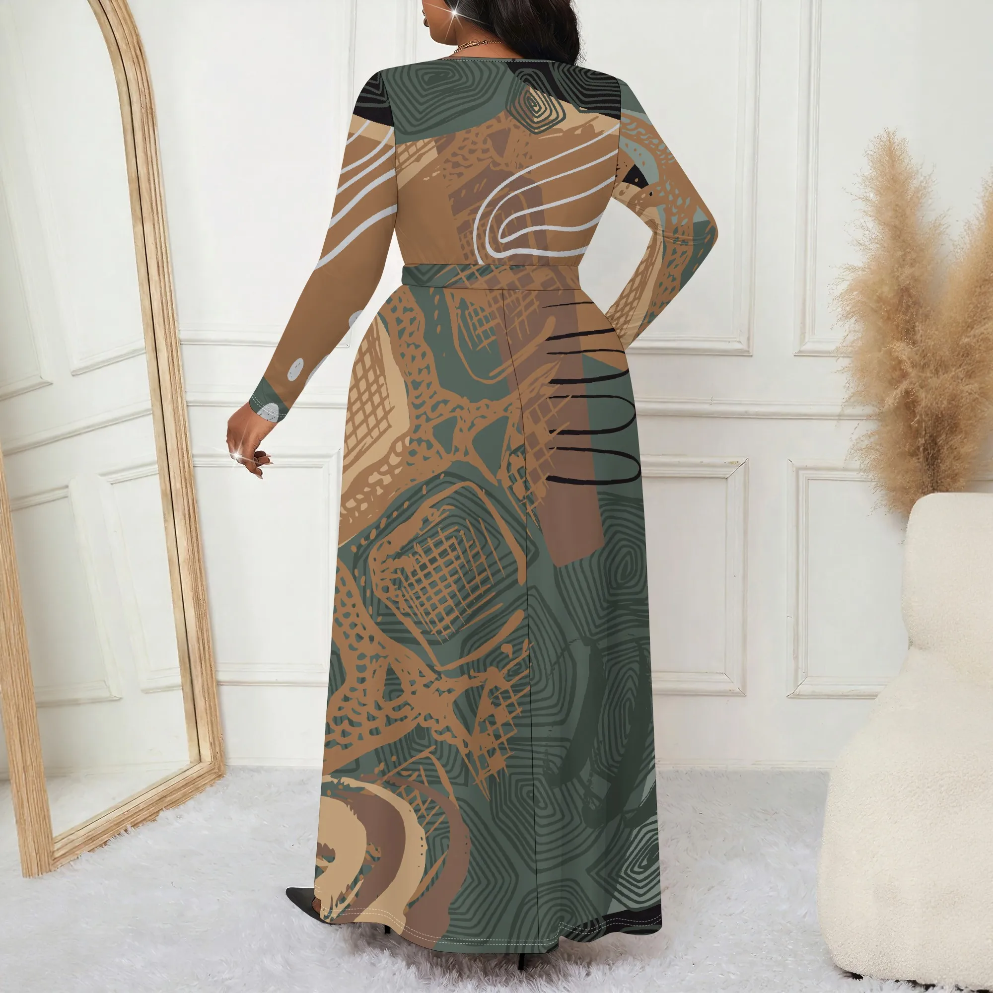 فستان نسائي بحزام بأكمام طويلة مقاس كبير، فستان جيب عصري مطبوع ثلاثي الأبعاد #4