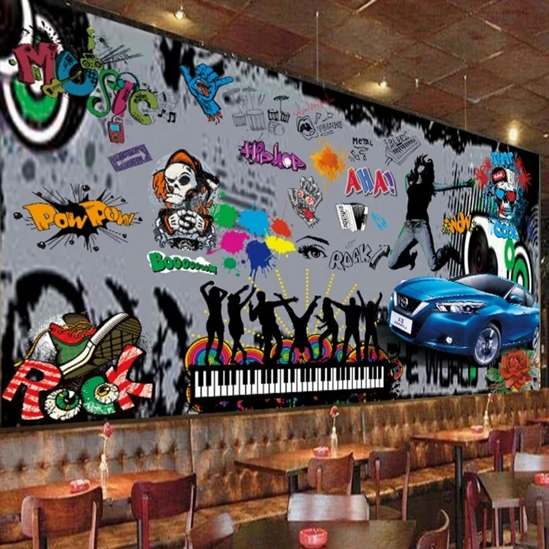 Custom Self-Adhesive Wallpaper Graffiti Retro Cartoon Car Bar Restaurant Children's Bedroom Photo Wall Murals Waterproof Sticker