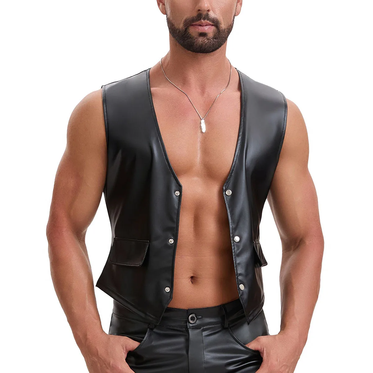 メンズマットレザーベスト-vネック-スリムフィットベスト-パンクストリート-トレンディな服-ナイトクラブ-ノースリーブトップ