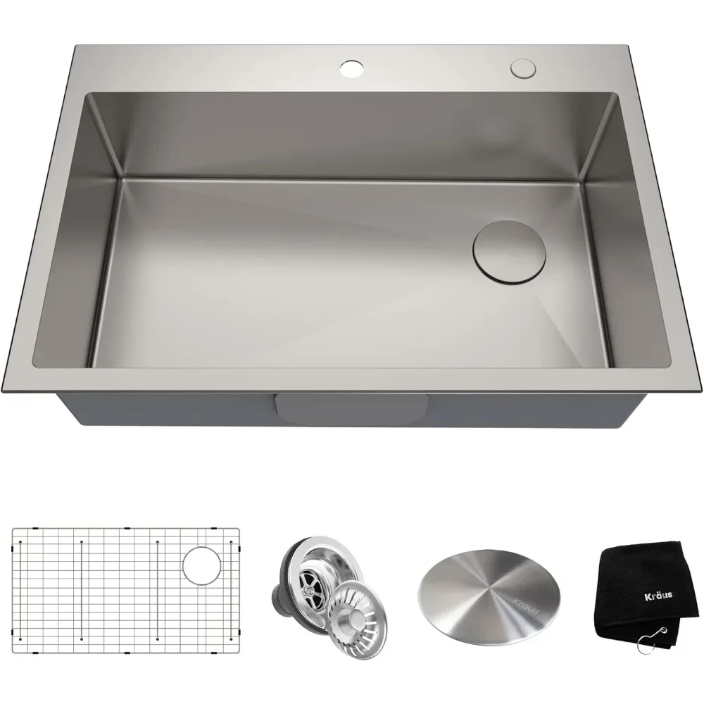 33 x 22 inch Drop-In Top Mount Standart PRO Single Bowl 2-Hole Stainless Steel Kitchen Sink Set (5 Item Bundle: Sink Bowl 2