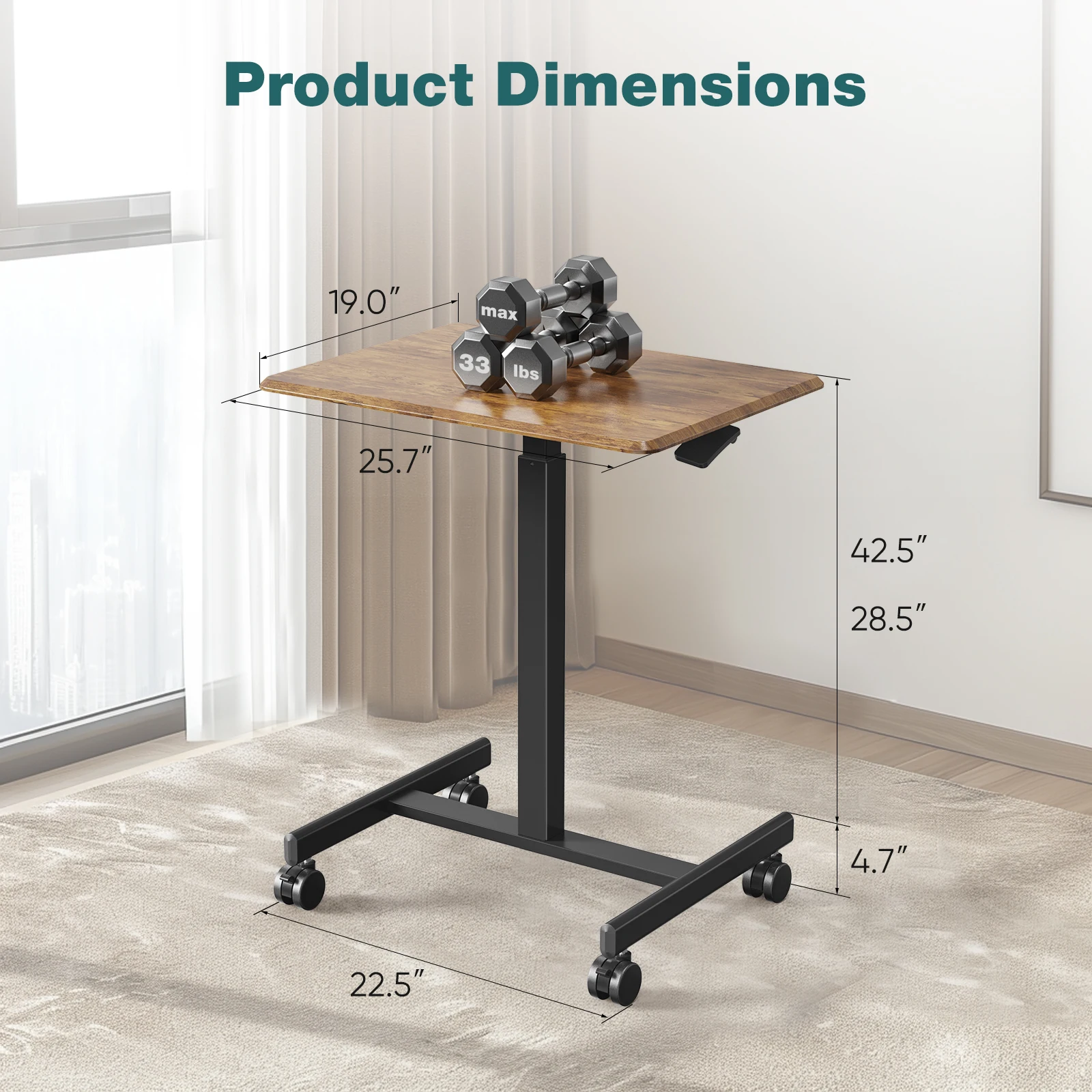 JHK Portable Computer Desk Laptop Height Adjustable Table Mobile Sitting Workstation Lockable Wheels Suitable For Work Learning
