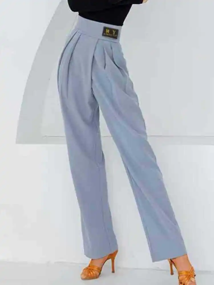 Solid Color Latin Dance Practice Line Pants Women Waltz Costume Jazz High Waist Competition Stage Classical Wide Leg Trousers
