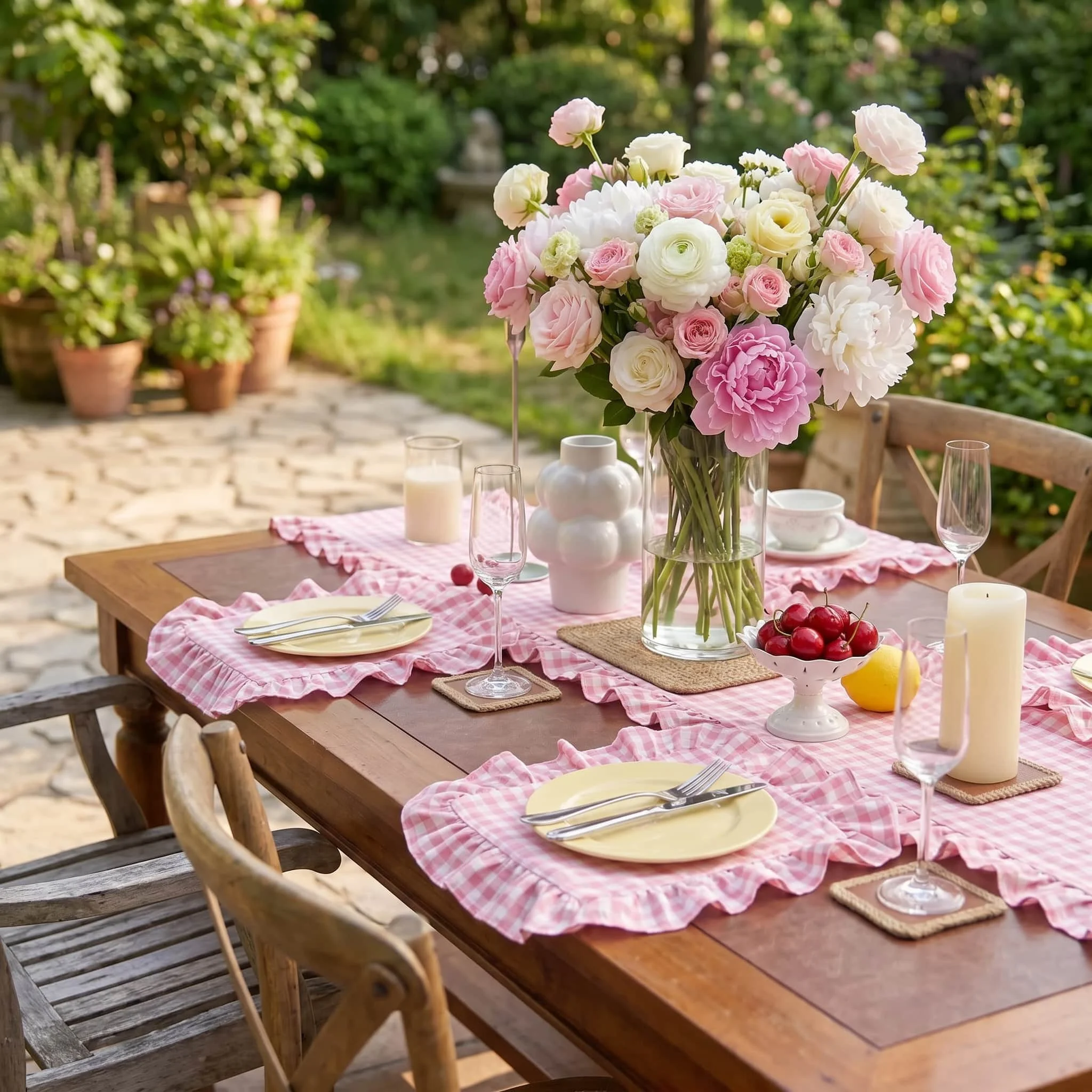 Pink Gingham Ruffle Tablecloth Sweet Check Placemats Table Runner Cover for Dining Kitchen Decor Girl Birthday Party Home Decor