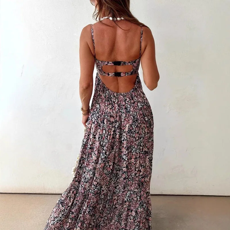 Feminino elegante floral impressão estilingue vestido sexy fora do ombro sem costas longo plissado vestido de festa moda altura cintura balanço bohe vestido