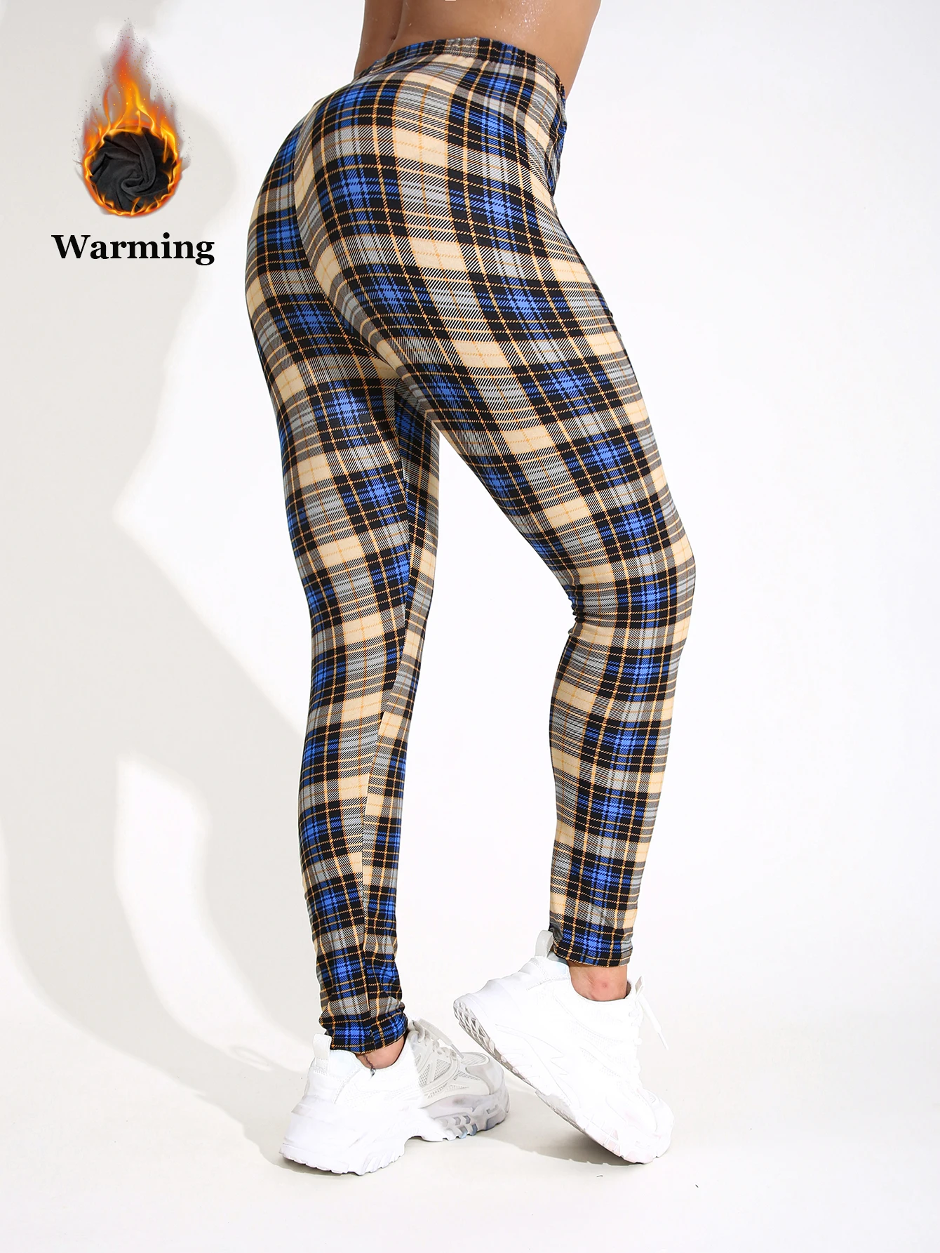 Autumn Winter 1PACK Women's Blue Checkered Plush Thick Sexy Tight Legging Casual Sports Elegant Fitness Yoga Pants