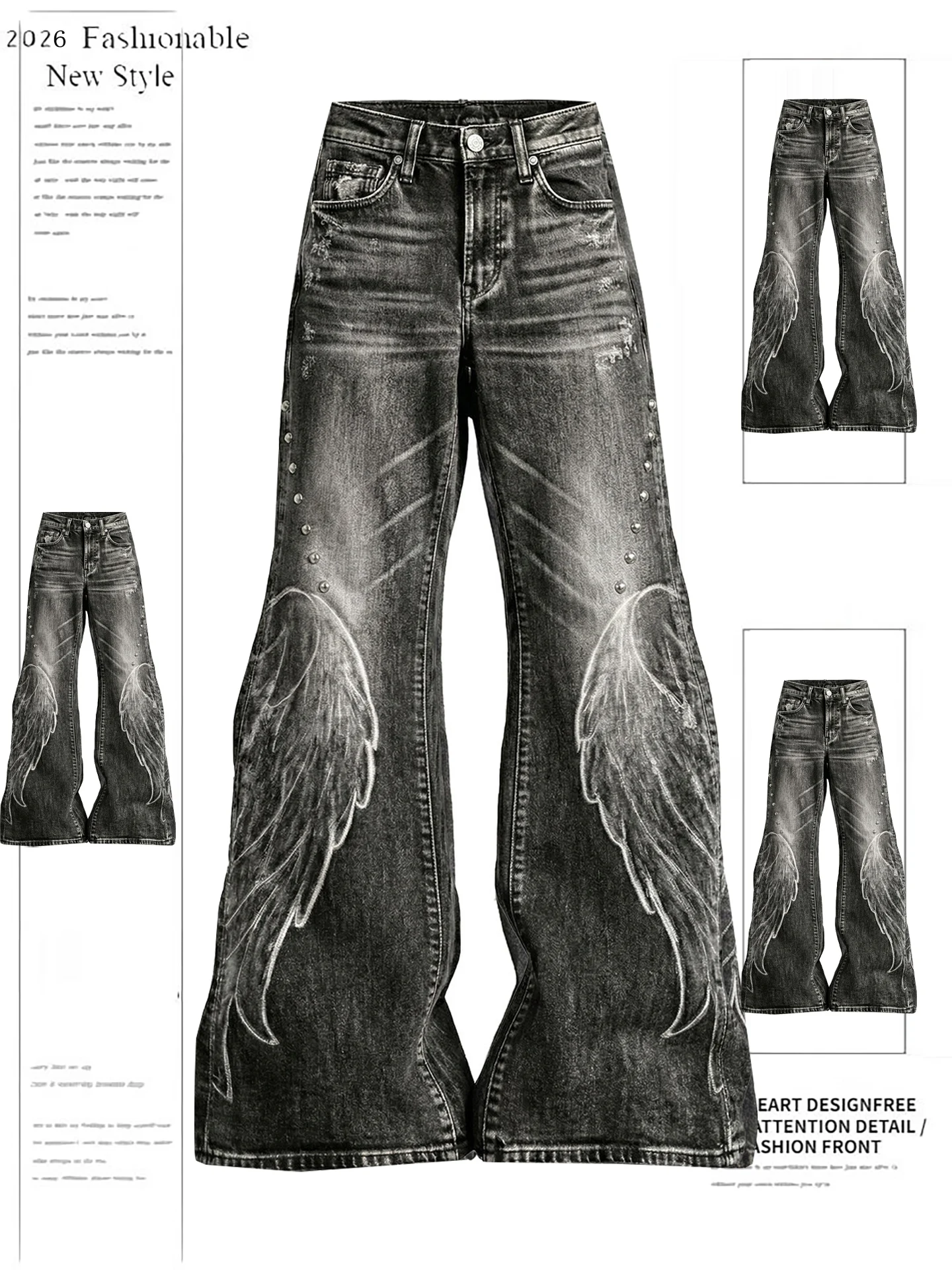 

Retro American Wings Patched Micro Flared Denim Jeans Women's Punk Sle Slim Fit High Waist Straight Leg Spring Long Trousers