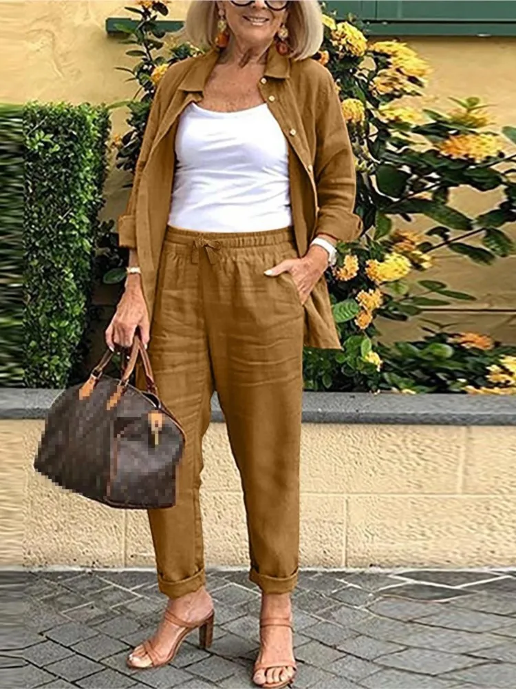 Women Fashion Pocket Cotton Linen Sets Spring Summer Loose Long Sleeve Shirt Long Pants 2 Piece Sets Casual Office Ladies Suit - Image 3
