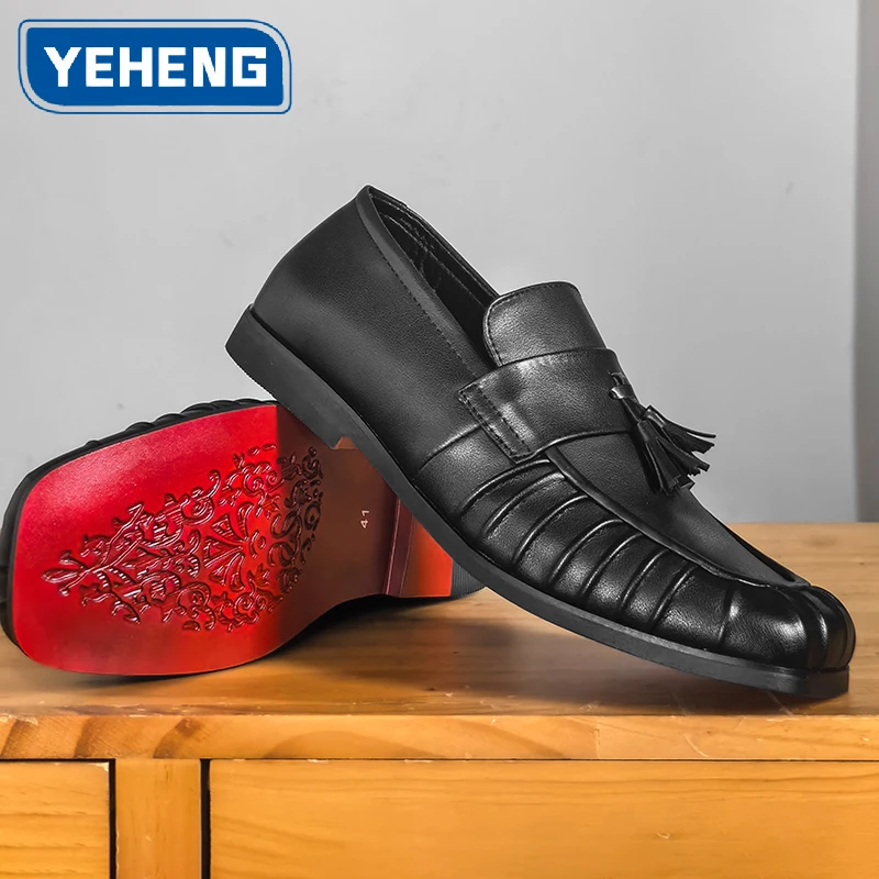 Men British Punk Tassel Loafers Square Toe Red Sole Dress Shoes Slip On Leather Oxford Shoes Men Party Wedding Formal Footwear