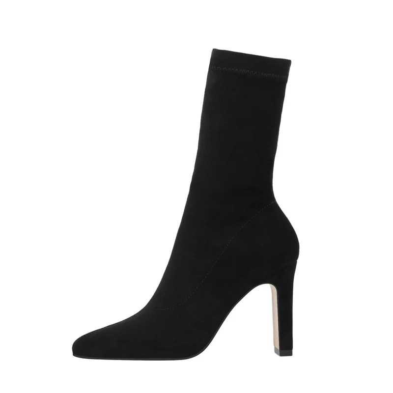 

TSTCTB Plus Size 34-42 High Heel Boots Sock Flock Women Shoes 2024 Sexy Thick Heel Female Winter Pointed Toe Ankle Booties Shoes