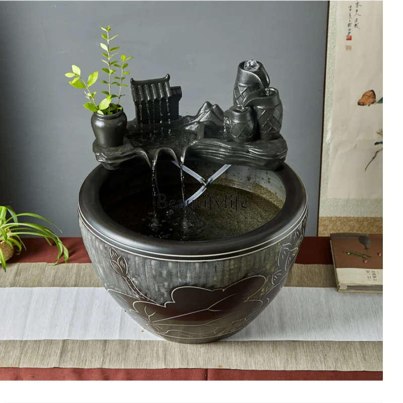 Large Ceramic Water Fish Tank Balcony Landscape Water Circulation Office Living Room Fish Farming Floor Tank