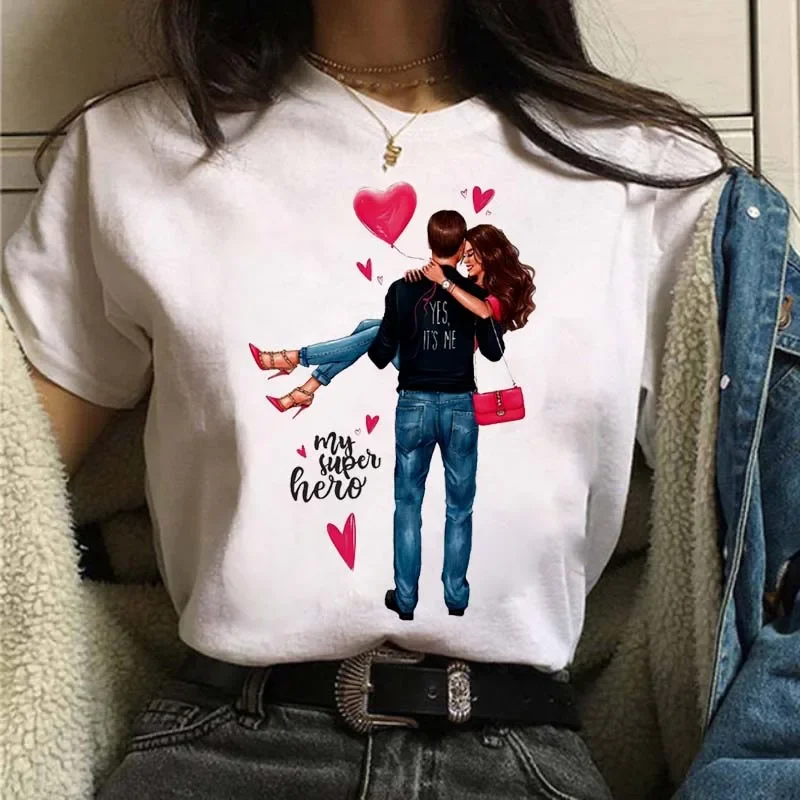 Camiseta estampada com balão vermelho feminino, camiseta com decote em O, manga curta, casual, fofa, moda feminina, nova