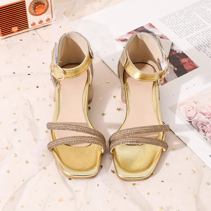 2026 Summer New Children's Sandals Fashion Girls' High Heels Silver Sequins Open Toed Girls' Princess Sandals