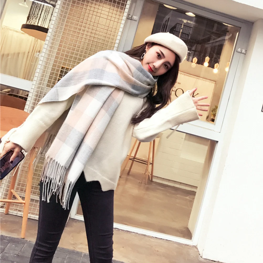 

1pc Warm Shawl For Women Thickened Long Scarf Tassel Lattice Design Winter Autumn Spring Wear White Grey Cashmere Scarf