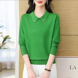 Chic Turn-down Collar Autumn Winter All-match Solid Color Pullover Women's Clothing Long Sleeve Sweater Knitted Elegant Tops