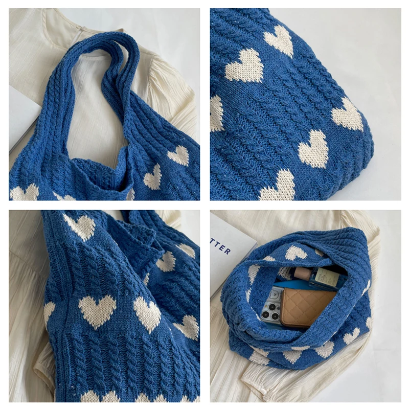 Heart Knitted Women\'s Bag Knit Eco Bag Korean Foldable Shopper Y2K Crochet Rope Shoulder Bag Sweet Knitting Handbag Ins Tote Bag