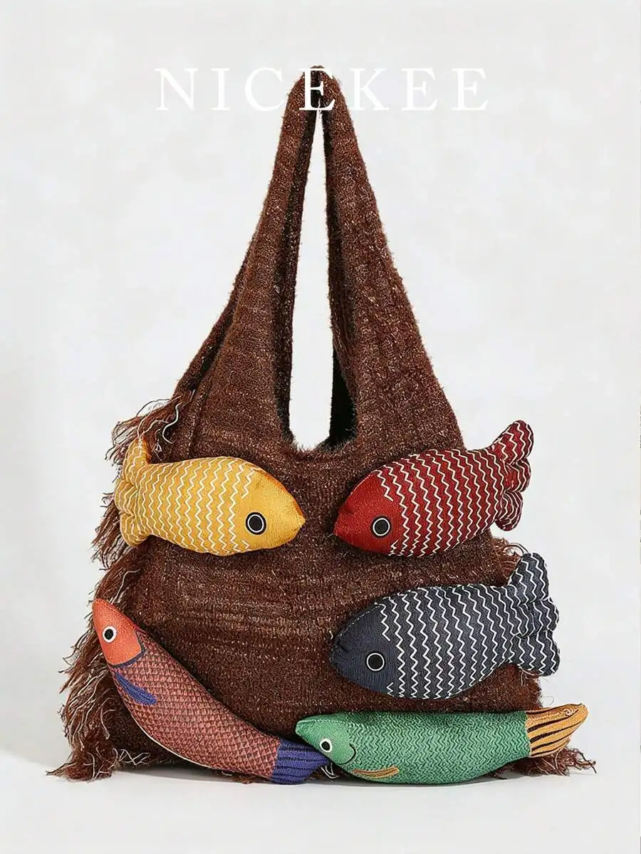 3D Fish Fabric Shoulder Bag - Fun Niche Design Tote for Holiday Shopping Travel