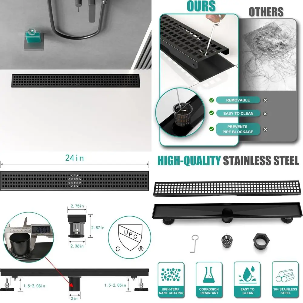 

24 Black Rectangular Linear Shower Drain with Removable Grate, 304 Stainless Steel, Matte Finish, CUPC Certified