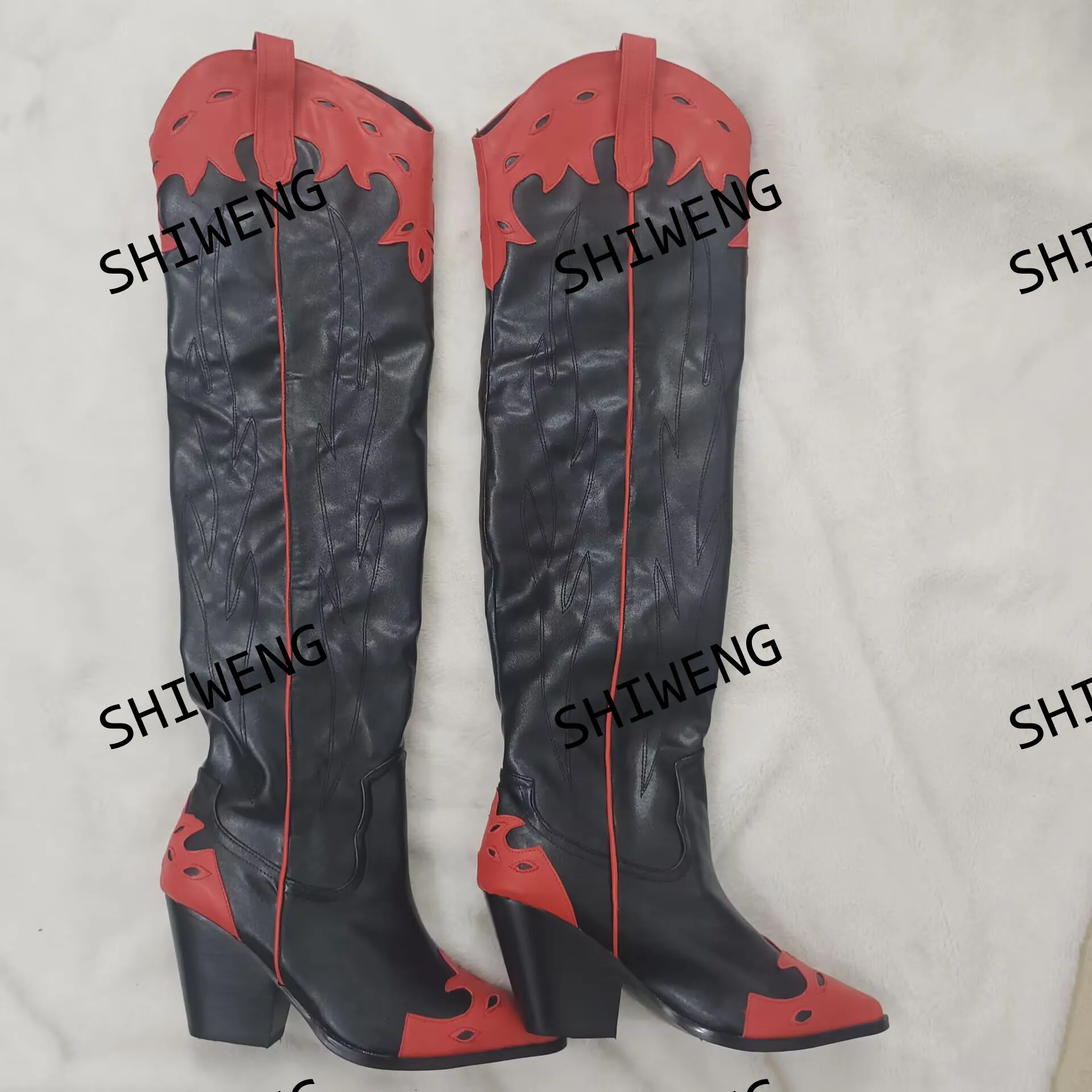 

2026 Women's Cowboy Boot Knee High Patchwork Leather Mixed Color Zipper Fashion Elegant Women Shoes Newest Pointy Chunky Heel 44