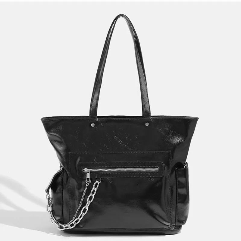 GAINNY Black Large Capacity Punk Tote Bag Women Luxury Designer Gothic Streetwear Shoulder Bag Female Commuting Handbag Fashion