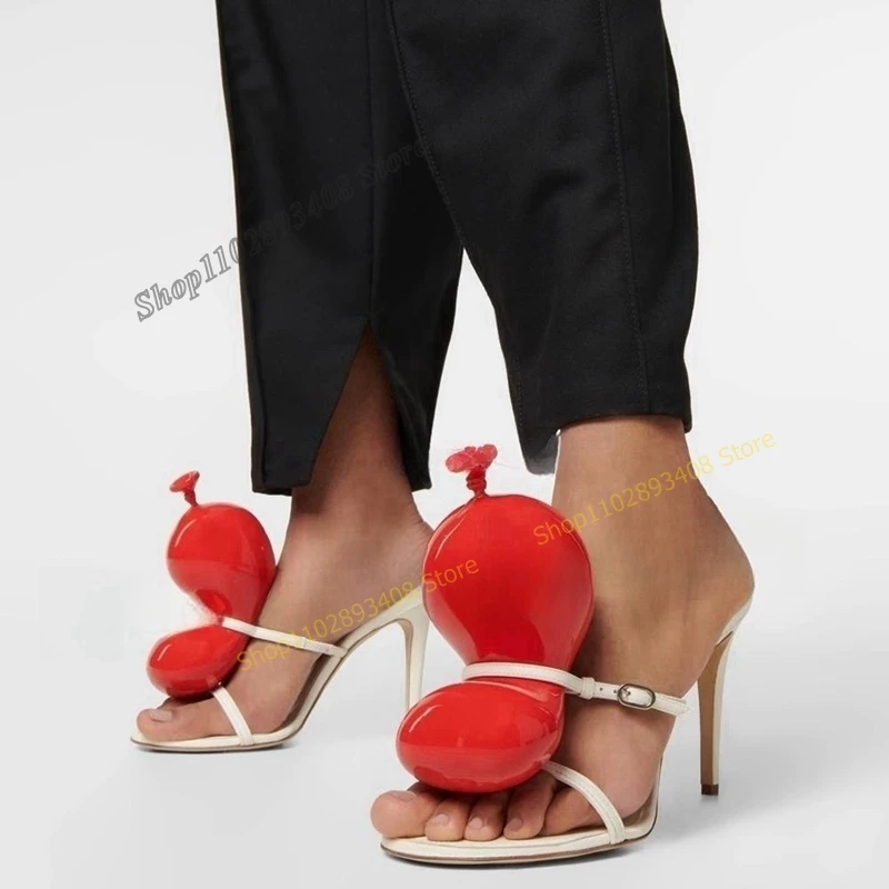 Red Color Ballon Decor Slippers Round Toe Stilettos High Heel Slip on PU Leather Women Shoes 2023 Fashion Zapatos Para Mujere