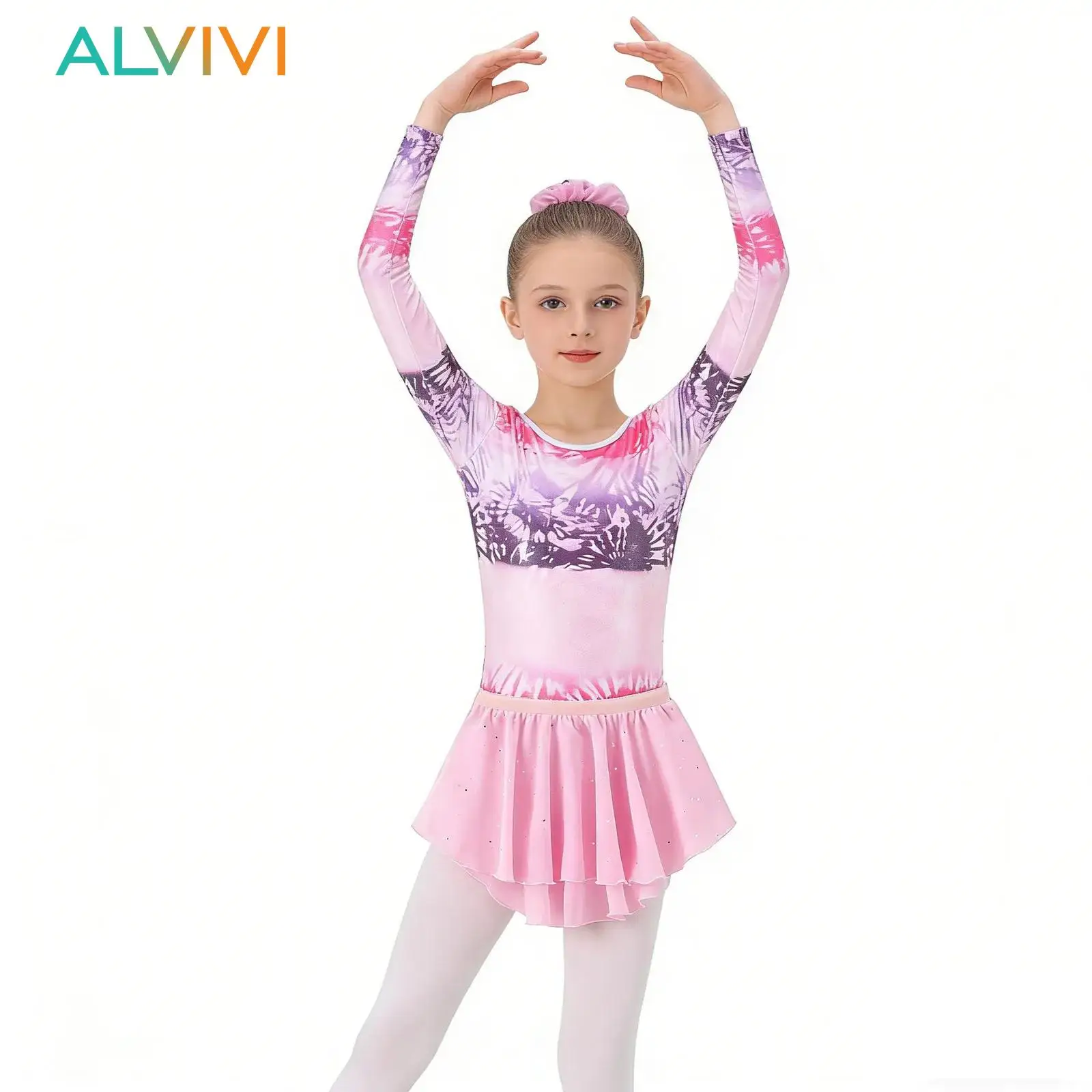 

Детский гимнастический костюм для девочек с красочным геометрическим принтом, юбкой-пачкой и повязкой для волос, костюм для танцевальных выступлений, танцевальная одежда