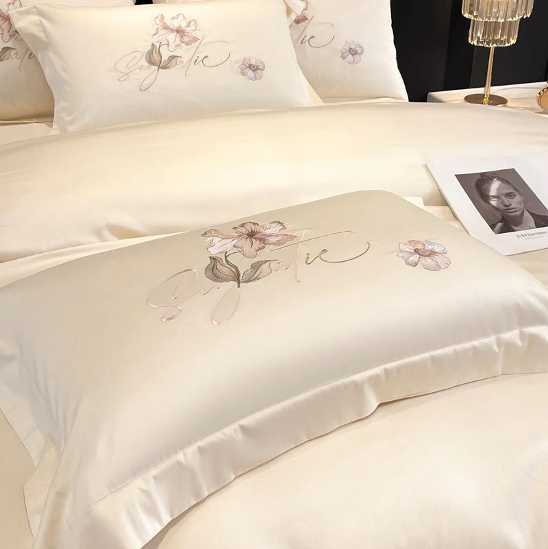 Elegant Flowers Embroidery Duvet Cover Set Beige Egyptian Cotton Bedding Sets Luxury Quilt Cover Fitted Bed Sheet Pillowcases