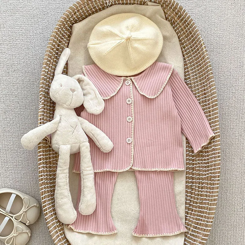 Korean Style Autumn Spring Children Clothing Suit Long Sleeved Cardigan Coat Flared Pants Baby Girl Knitting Clothing Set