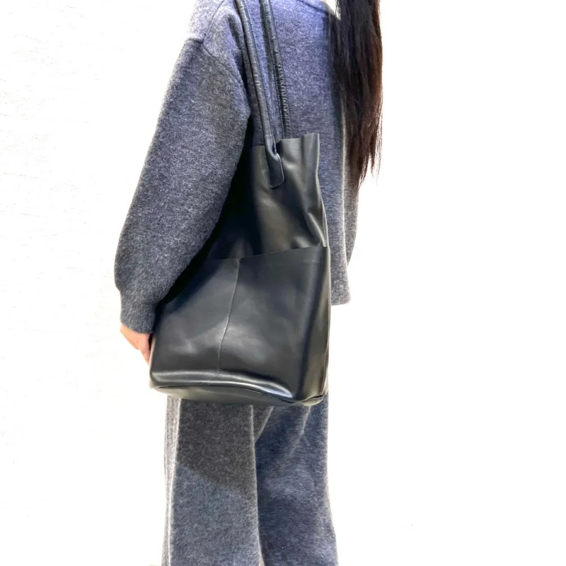 Handmade Women Natural leather Handbags Female Large Capacity Bucket Shoulder Bag Ladies Commute Shopper Soft Cowhide Tote Bag