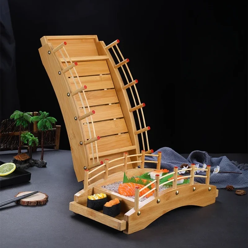 Japanese Sushi Bamboo Boat Creative Arch Bridge Sashimi Platter Restaurant-Grade Dry Ice Serving Dish High-End Decor Tableware
