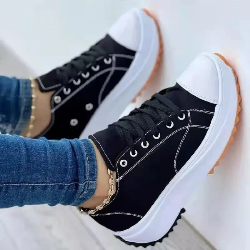 Speedy 2024, zapatos clásicos de lona blancos, zapatillas de deporte para mujer, zapatos de plataforma informales con cordones sólidos para mujer