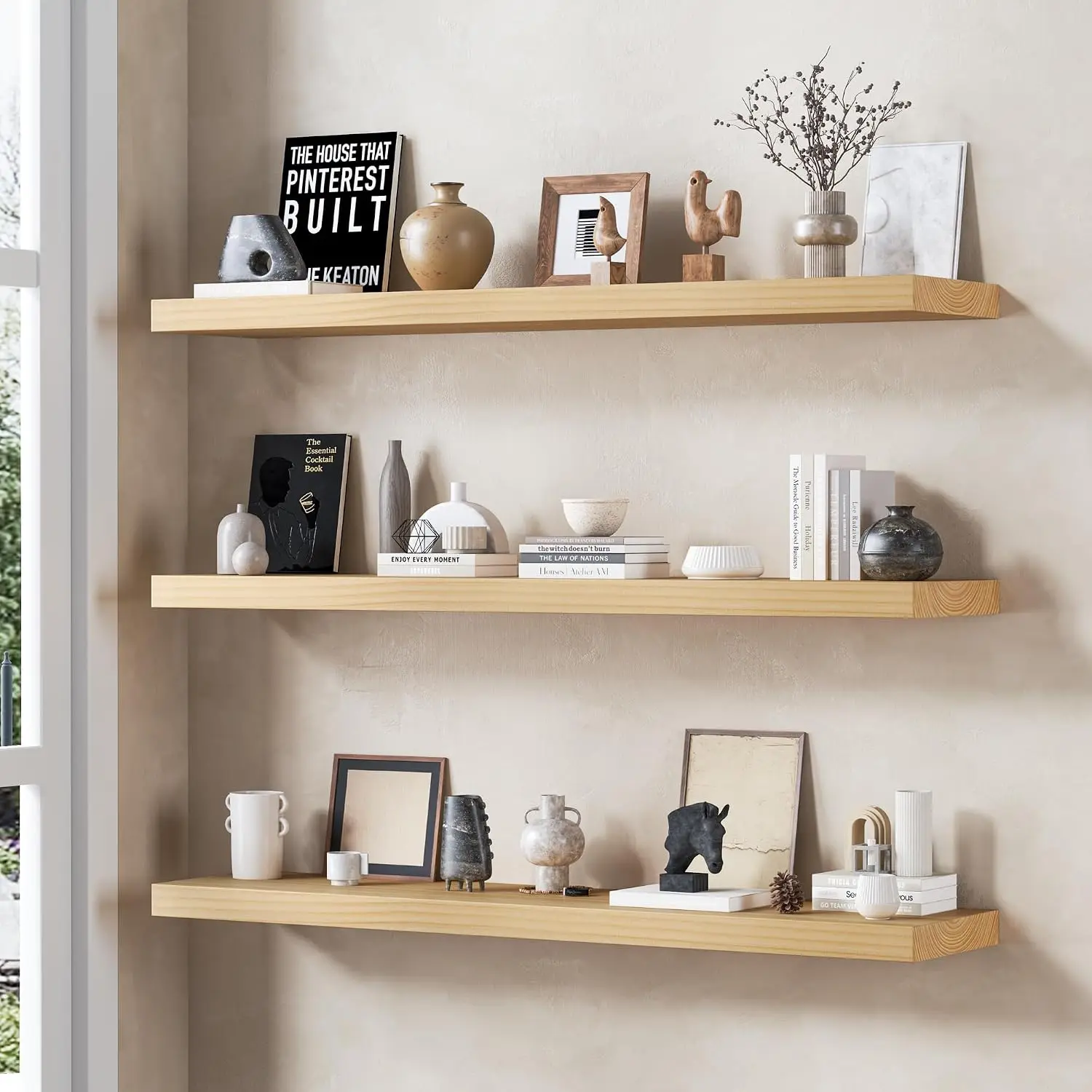 Set of 2 Solid Wood Floating Wall Shelves, 48 Inch Rustic Farmhouse Deep Storage Shelf with Natural Clear Finish, Wall‑Mounted Display Shelving for Kitchen, Living Room, Bedroom