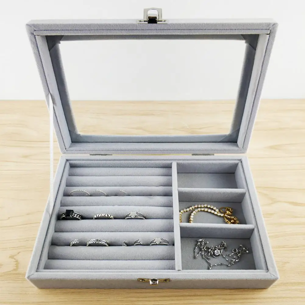 

HOT SALES ! Earring Box Dust-proof Divided Grids Furry Surface Ring Bracelet Display Organizer