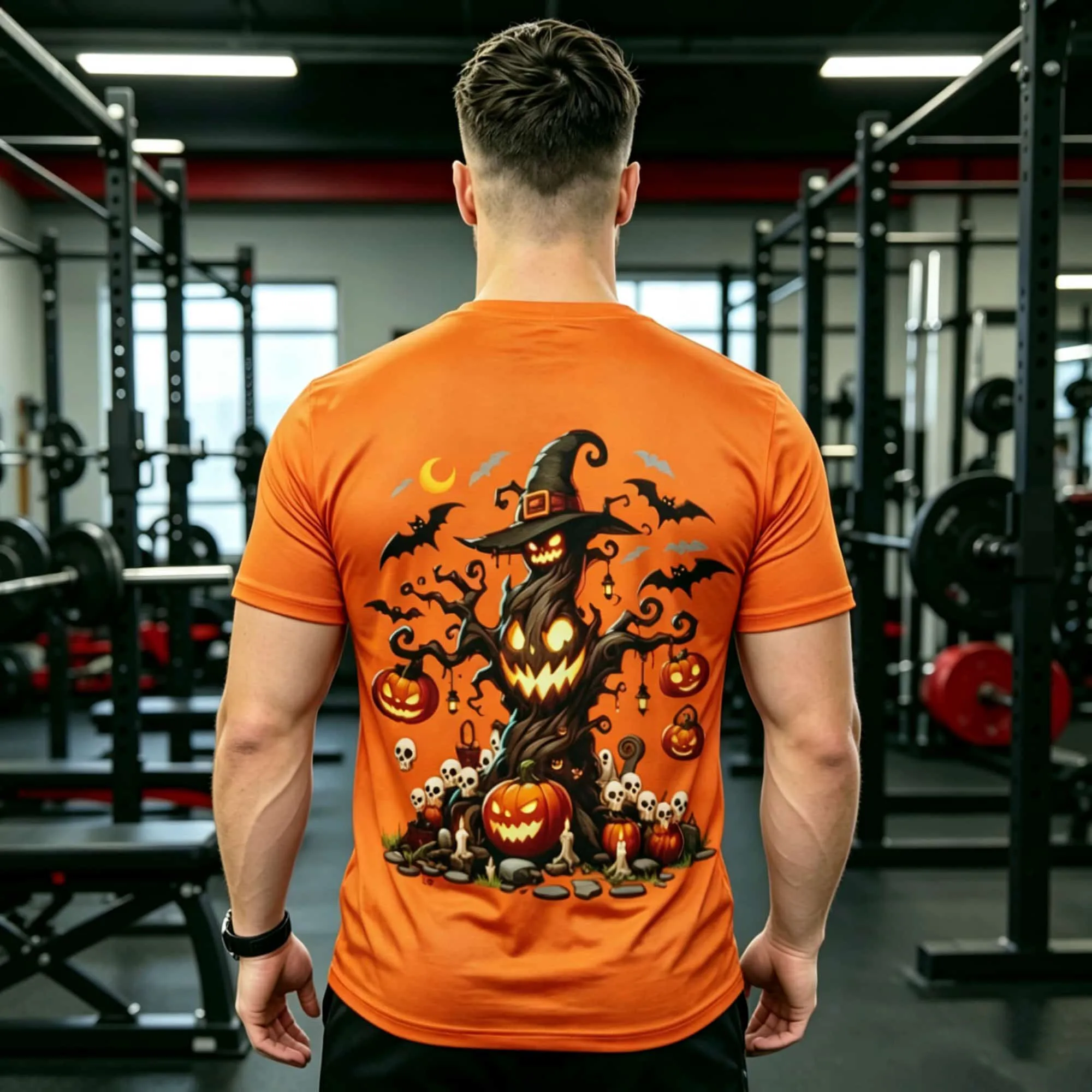 Summer New Men Sport T‑Shirt Vivid Orange Base Spooky Halloween Pumpkin Lantern Skeleton Graphic Training Pullover Tees