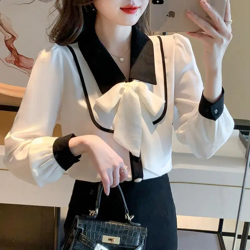 리본 여성 셔츠 블라우스 쉬폰 예쁜 빈티지 쿨 한국 스타일 우아한 2025 베이직 스트릿웨어 여성 탑 버튼업